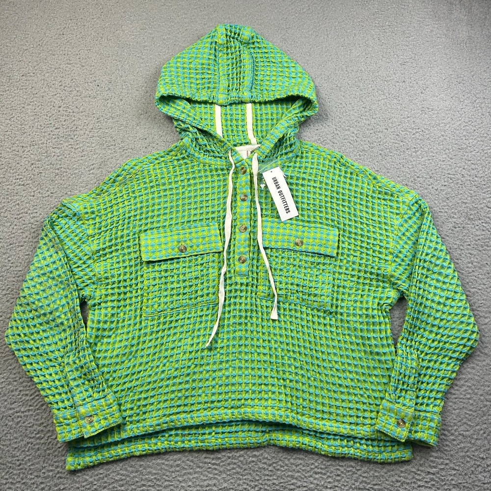 BDG Urban Outfitters Women's S Green Blue Waffle Knit Henley Hoodie Pullover NWT